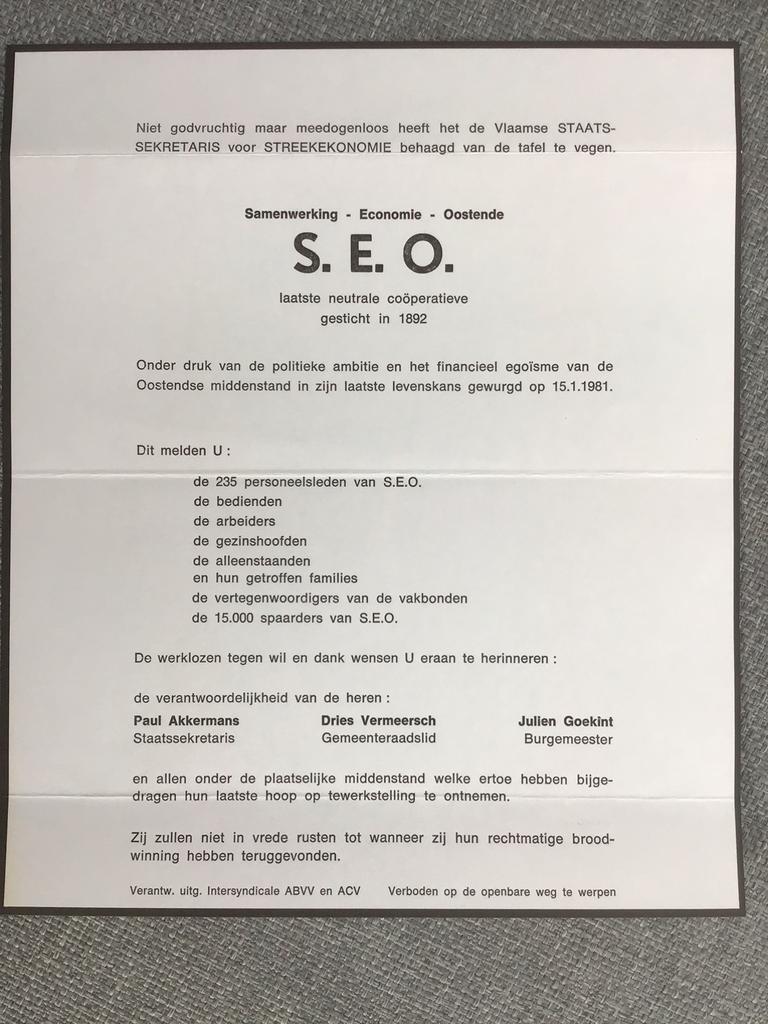 S.E.O Oostende, Verzamelen, Ophalen of Verzenden, Rouwkaart