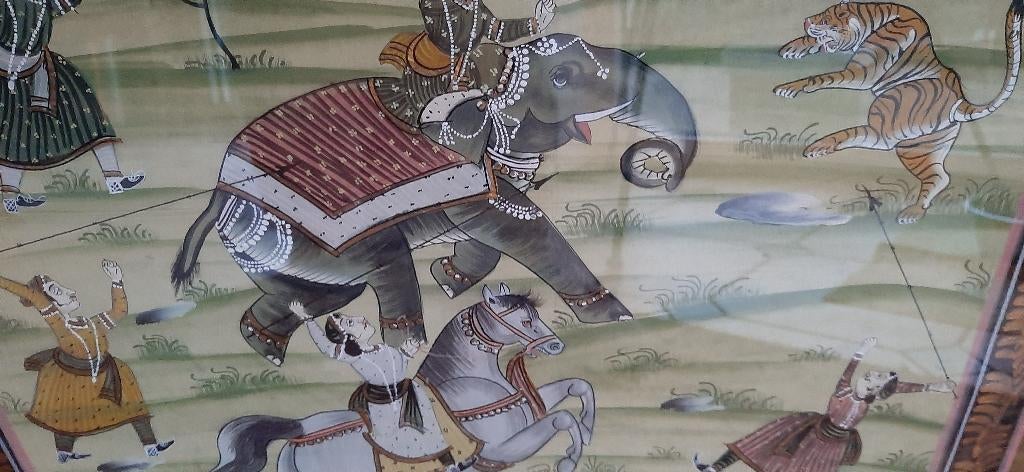 Tableau indien - Peinture sur soie - Chasse au tigre, Enlèvement ou Envoi, Utilisé
