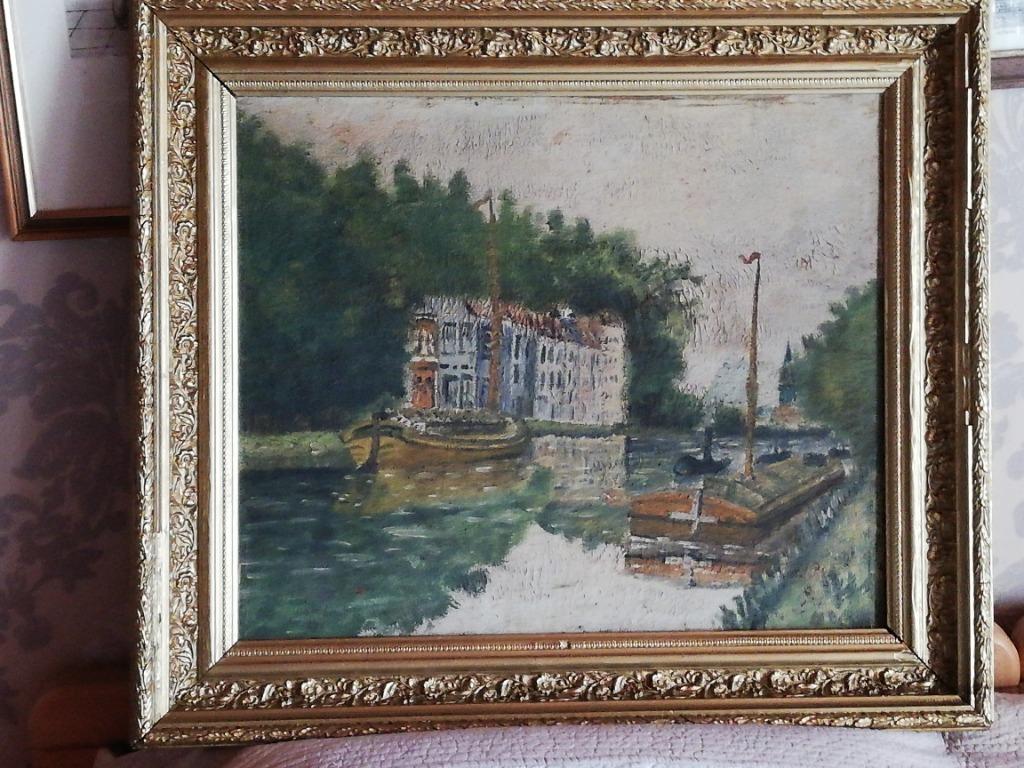 * Oud schilderij: boten op de Schelde, Ophalen of Verzenden