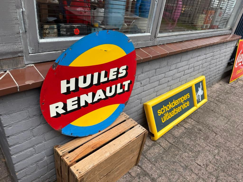 Huiles Renault oud reclamebord, Verzamelen, Ophalen of Verzenden, Gebruikt, Reclamebord