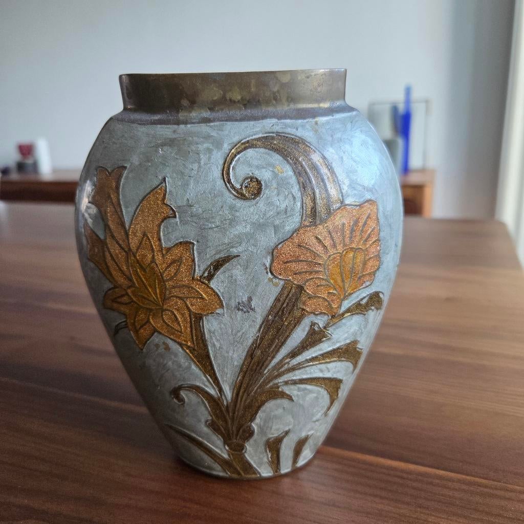 Vintage- art deco cloisonne vaas metaal -  17 cm, Ophalen of Verzenden