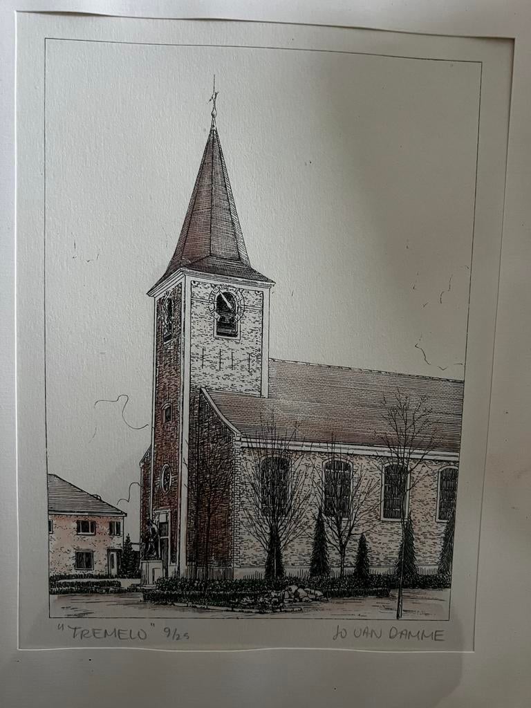 Pentekening kerk Tremelo met Pater Damiaan, Antiek en Kunst, Kunst | Etsen en Gravures, Ophalen