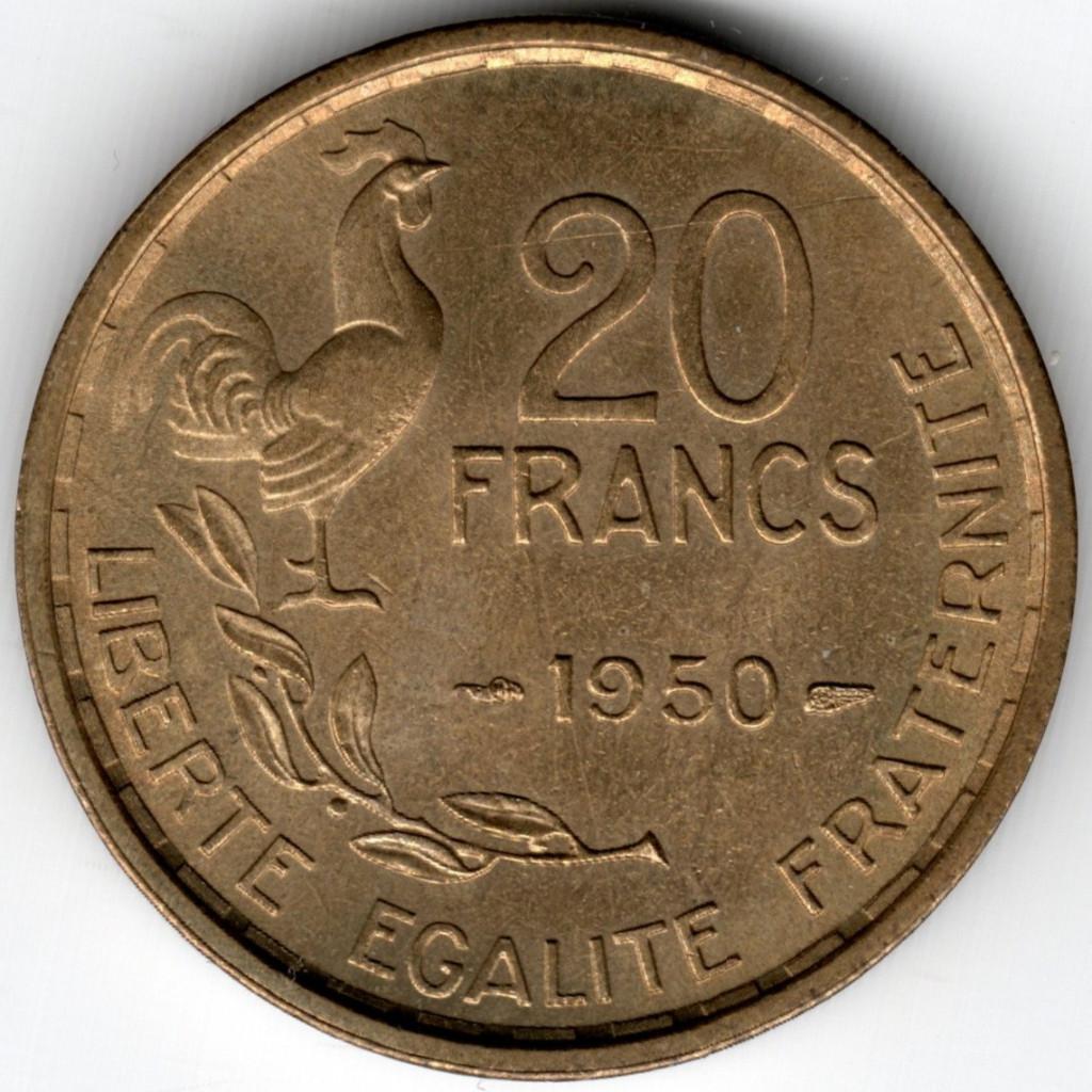 Frankrijk : 20 Francs 1950 4 Pluimen KM#917.1 Ref 16569, Ophalen of Verzenden, Frankrijk, Losse munt