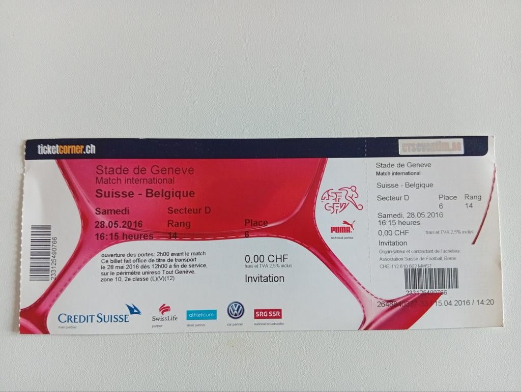 Ticket Zwitserland vs belgie 2016, Ophalen of Verzenden