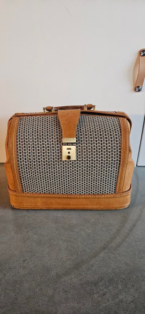 Vintage dokterstas van leer en tweed — Doctor Bag 70s — fe, Handtassen en Accessoires, Ophalen of Verzenden, Leer