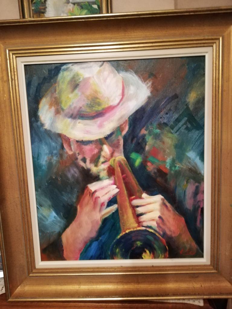 * A Leroy: schilderij: Jazz - trompettist, Ophalen of Verzenden