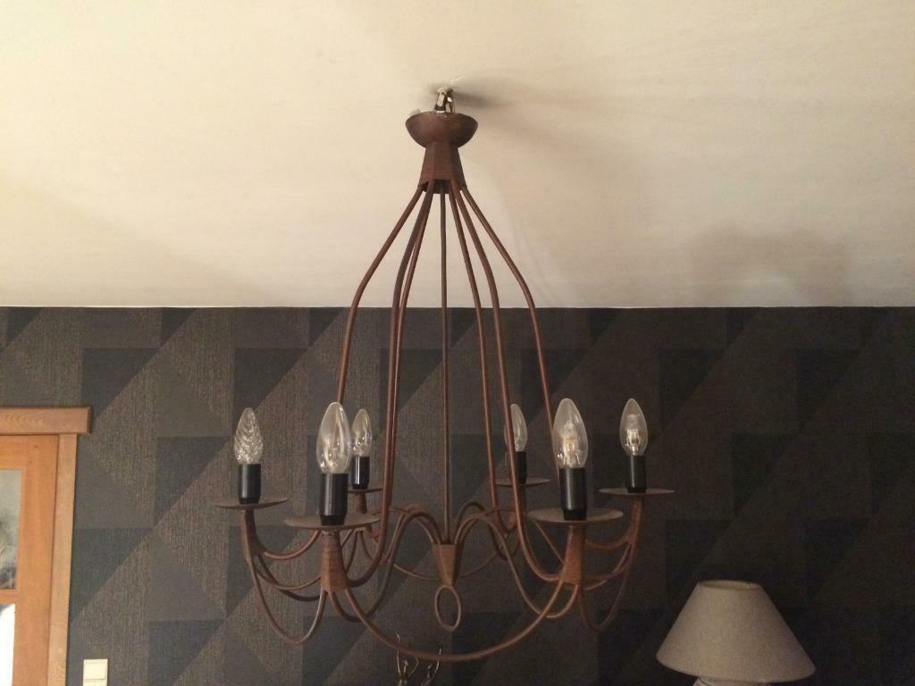 Lustre à 6 branches en métal brun, Ophalen, Zo goed als nieuw, Metaal