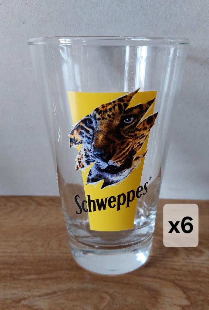 6 verres Schweppes à imprimé tigre., Collections, Enlèvement ou Envoi, Neuf, Verre à soda