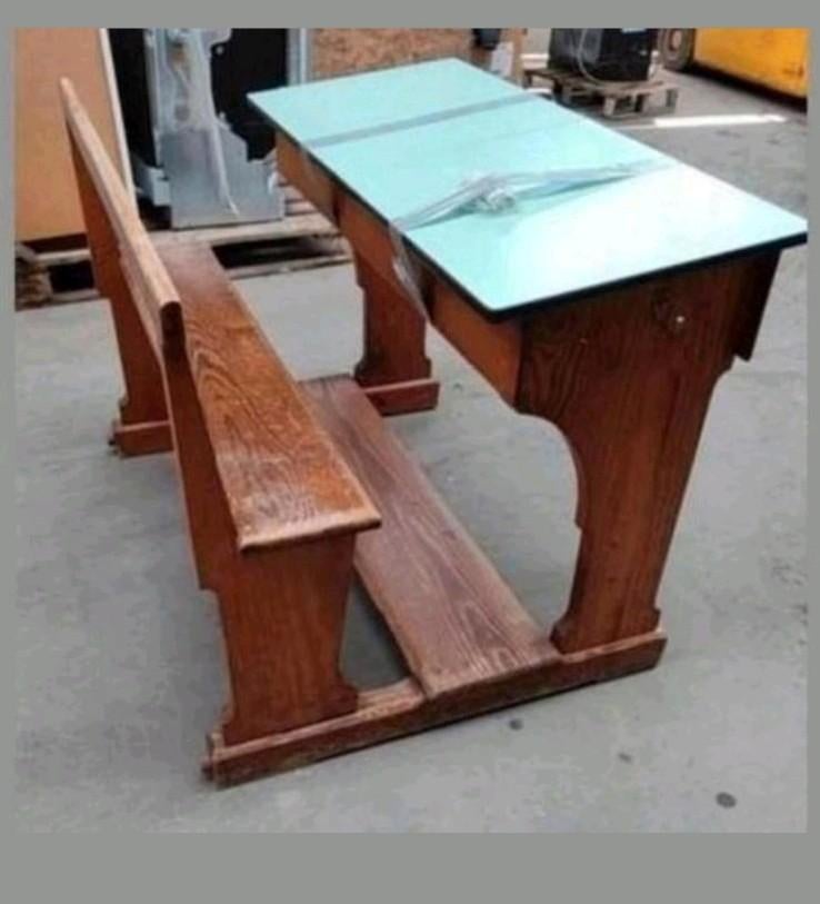 Vintage retro oude schoolbank hout bureau lessenaar bank, Huis en Inrichting, Ophalen
