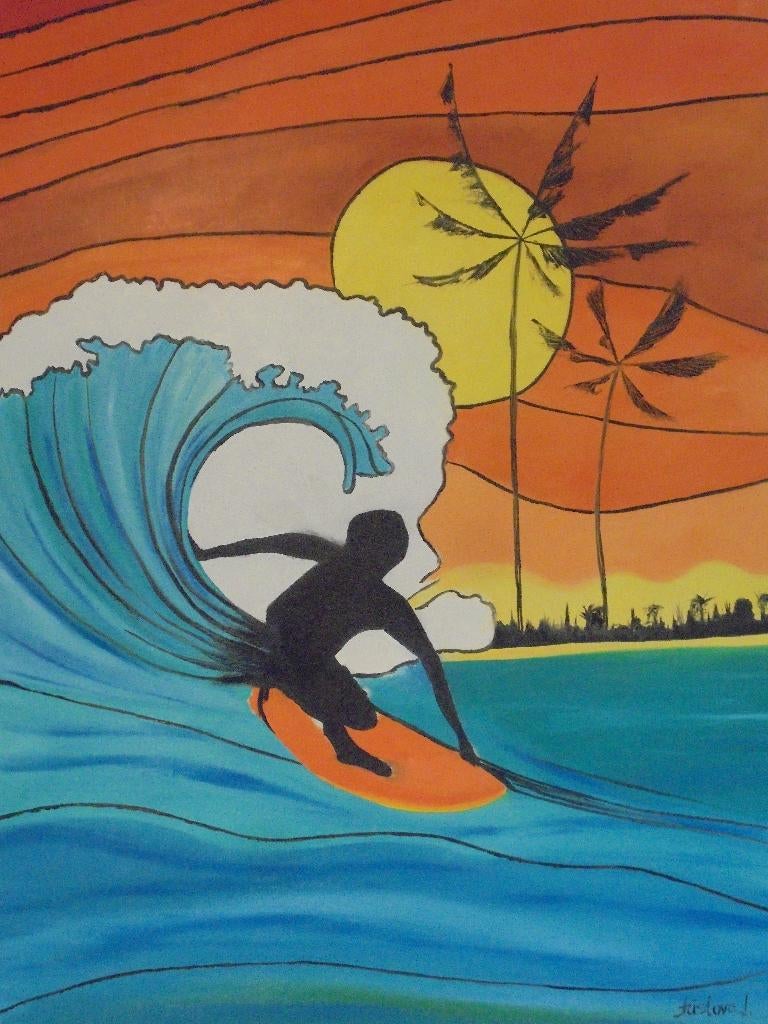 olieschilderij surfing popart (60x80 cm), Antiek en Kunst, Ophalen of Verzenden