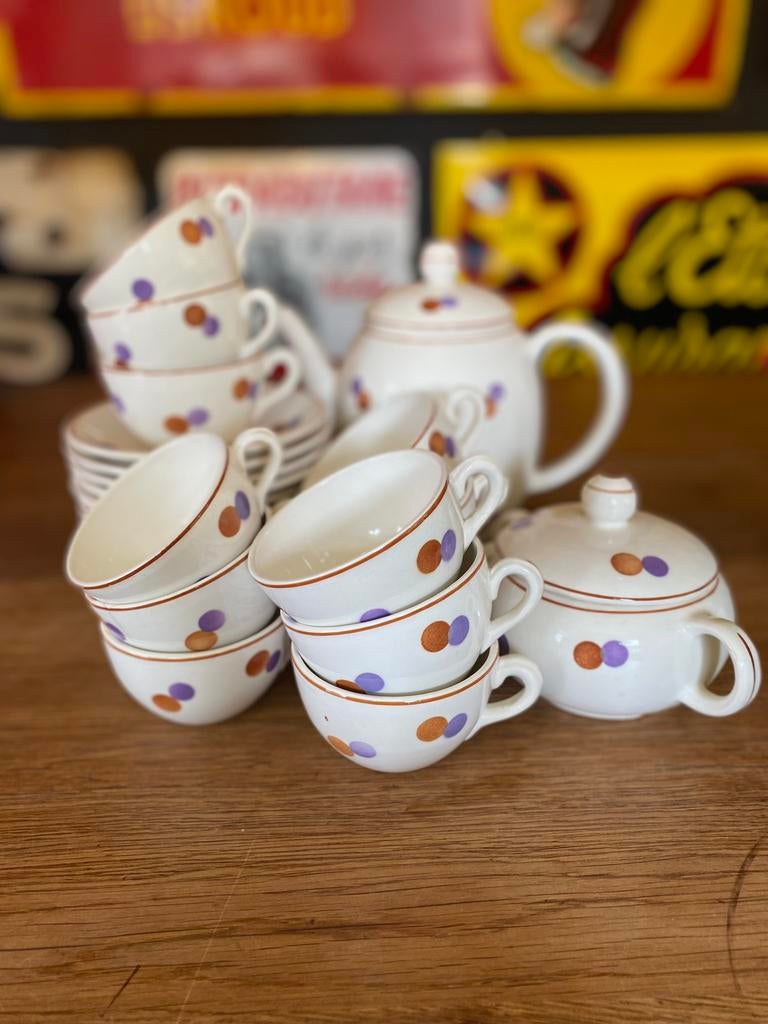 Schattig oud koffieservies polkadot paars-bruin, Antiek en Kunst, Ophalen of Verzenden