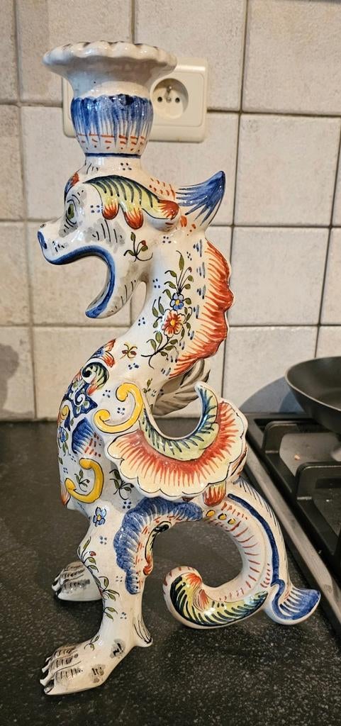 Bougeoir vintage dragon faïence rouen 19ème siècle, Enlèvement ou Envoi
