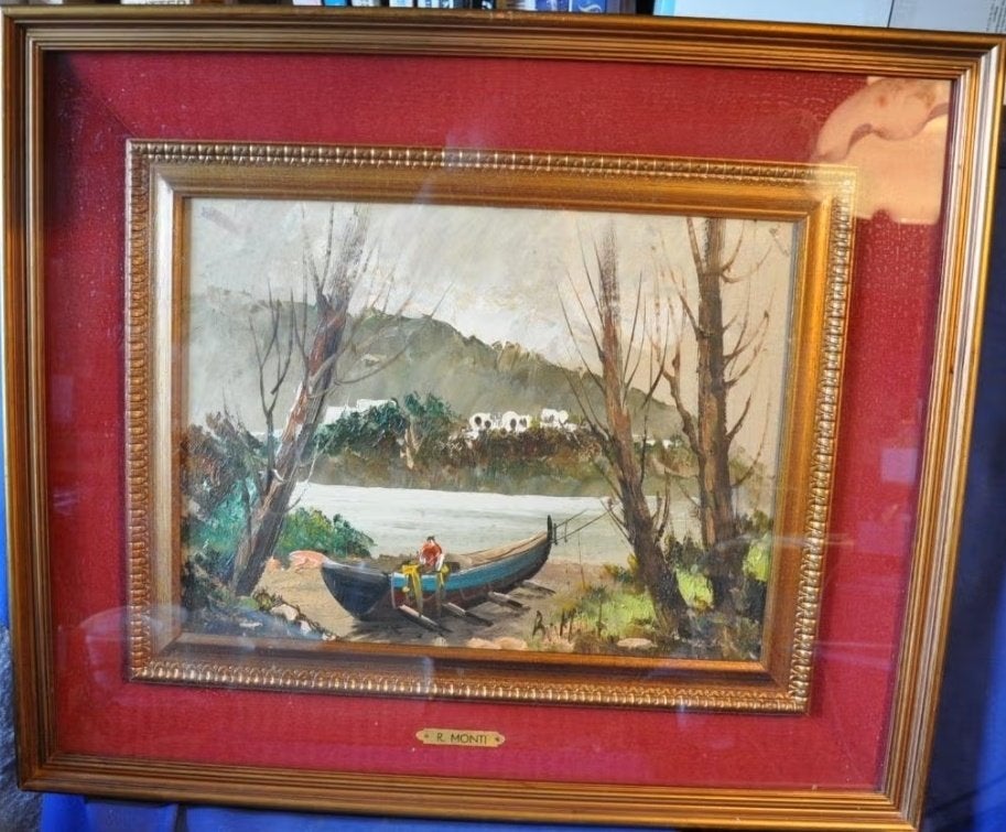 peinture hsp signée rolando monti le pecheur, Ophalen, Paneel, Achter glas, Landschap