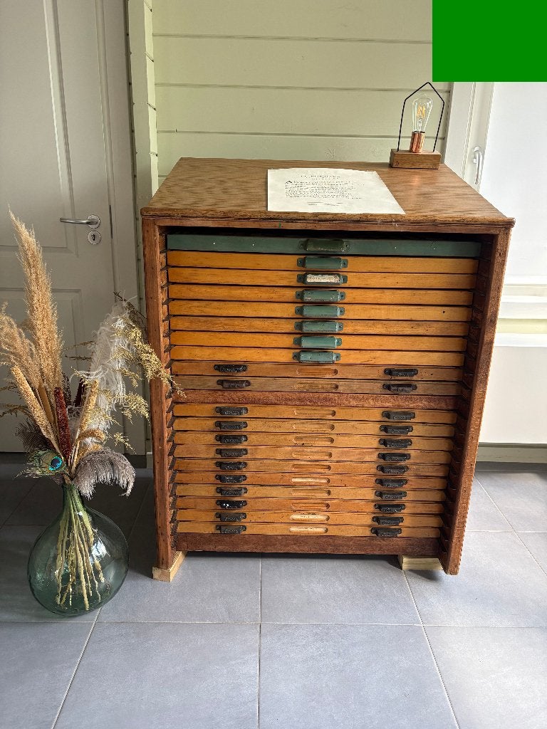 Vintage industriële houten ladekast, Huis en Inrichting, Minder dan 50 cm, Gebruikt, 5 laden of meer, 100 tot 150 cm
