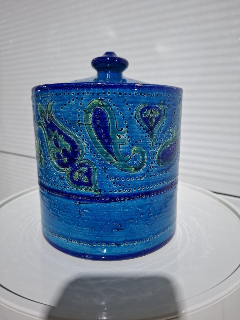 Bitossi, Aldo Londi, Rimini blauwe pot met deksel, 60/70s., Object, Ophalen of Verzenden, Handgemaakt, Steen/keramiek