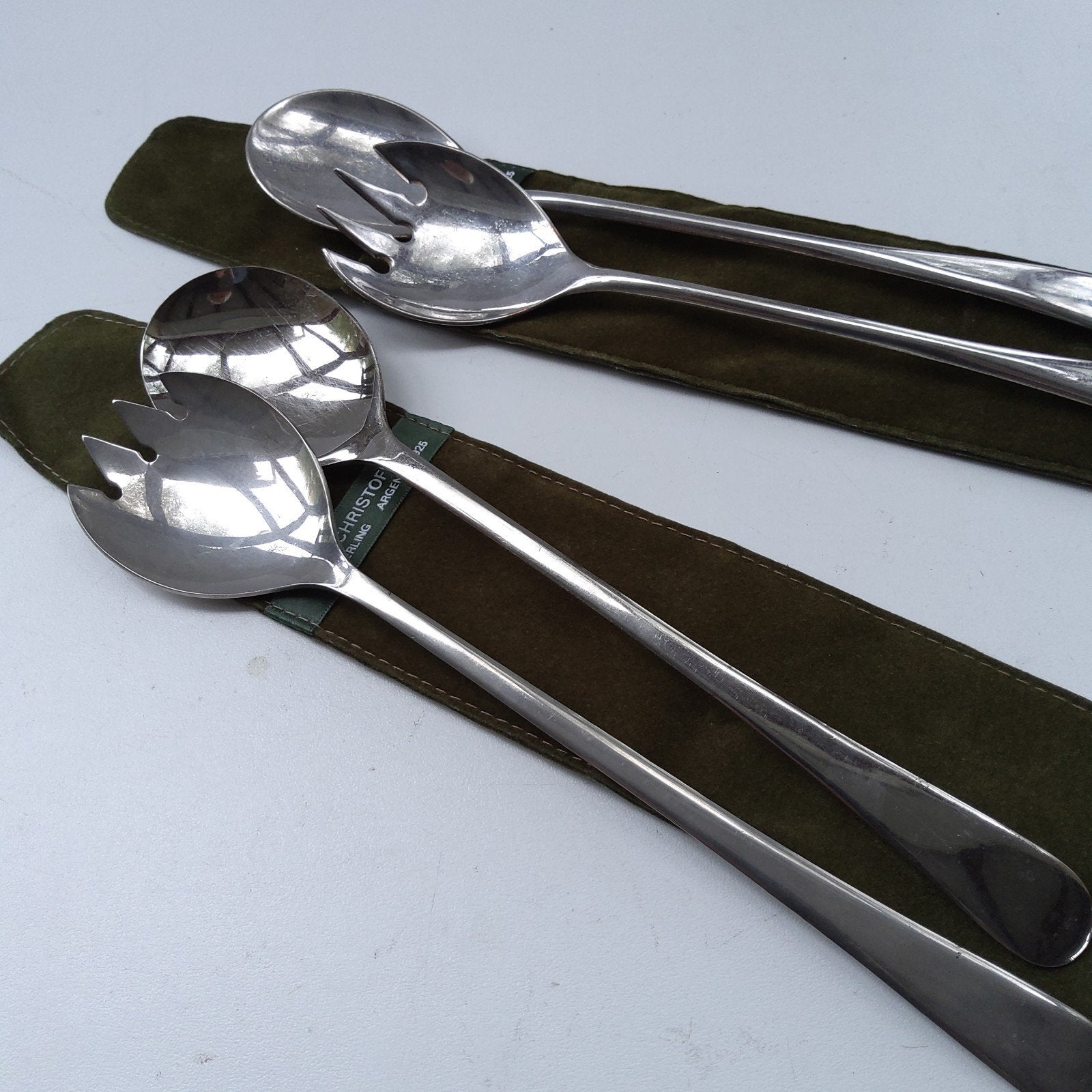 2 Slacouverts met stoffen hoesjes. Verzilverd., Antiek en Kunst, Ophalen of Verzenden