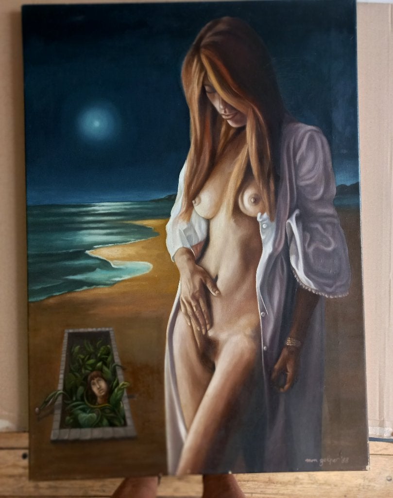 Mon Gelper Erotisch surrealistisch schilderij op doek 1988, Ophalen of Verzenden, Gesigneerd