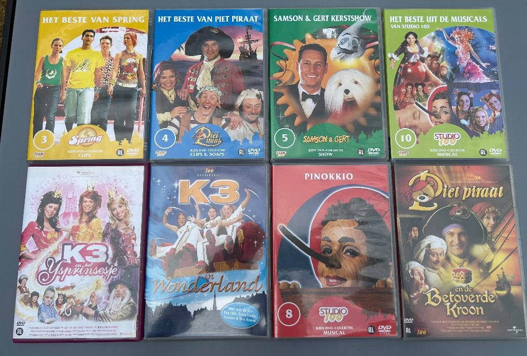 8 DVD's Studio 100 (Piet Piraat, K3, ...), Ophalen of Verzenden, Zo goed als nieuw, Familie, Show