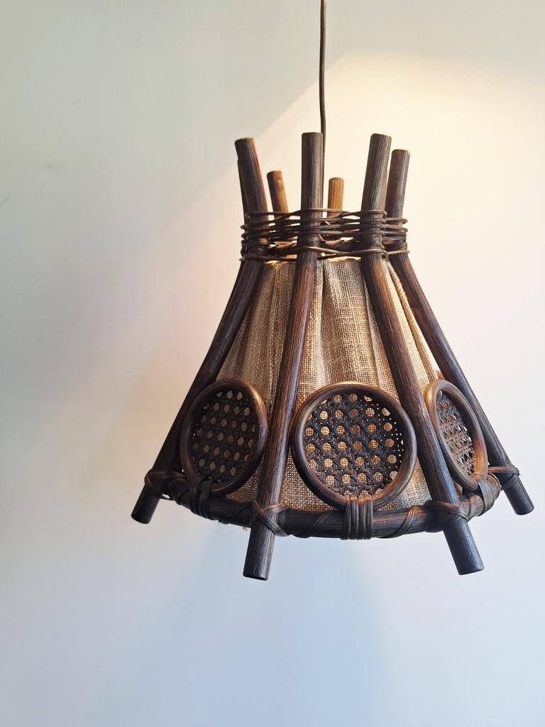 Vintage rotan & bamboe hanglamp – jaren ’60, Huis en Inrichting, Lampen | Hanglampen, Ophalen of Verzenden