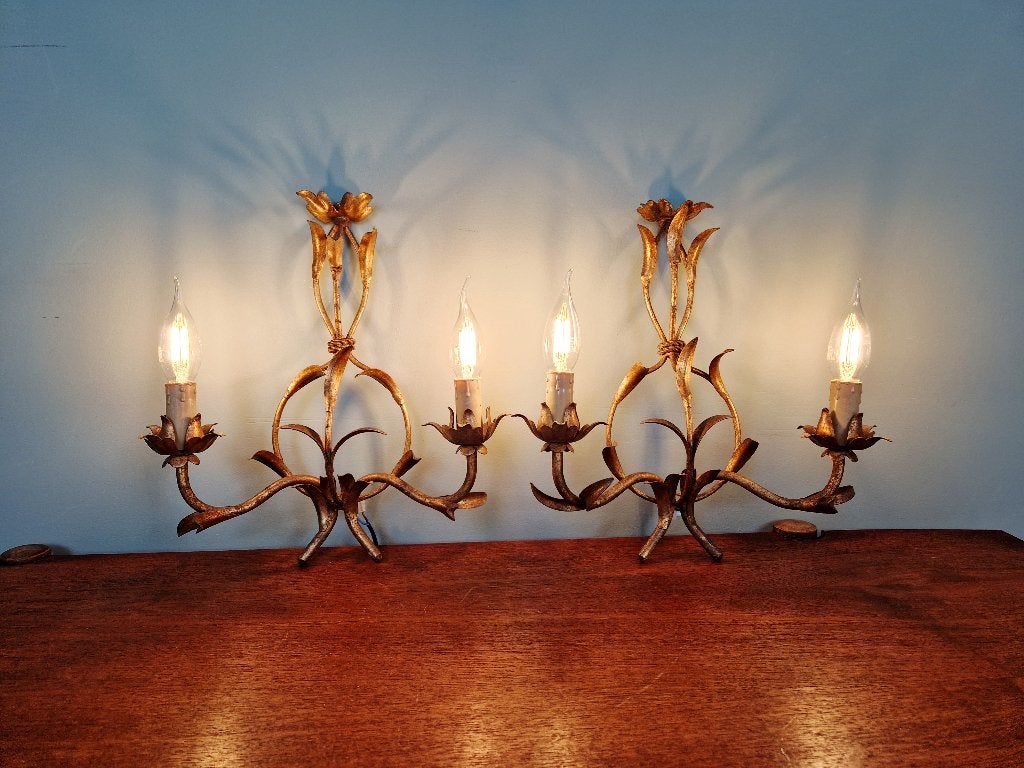 Paire d'appliques florales en métal doré, Italie, 1960, Enlèvement ou Envoi
