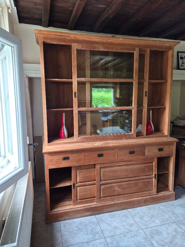 Liefhebbers voor Teak houten buffet/vitrine kast, Huis en Inrichting, Kasten | Buffetkasten, Zo goed als nieuw, Met lade(s), Met deur(en)