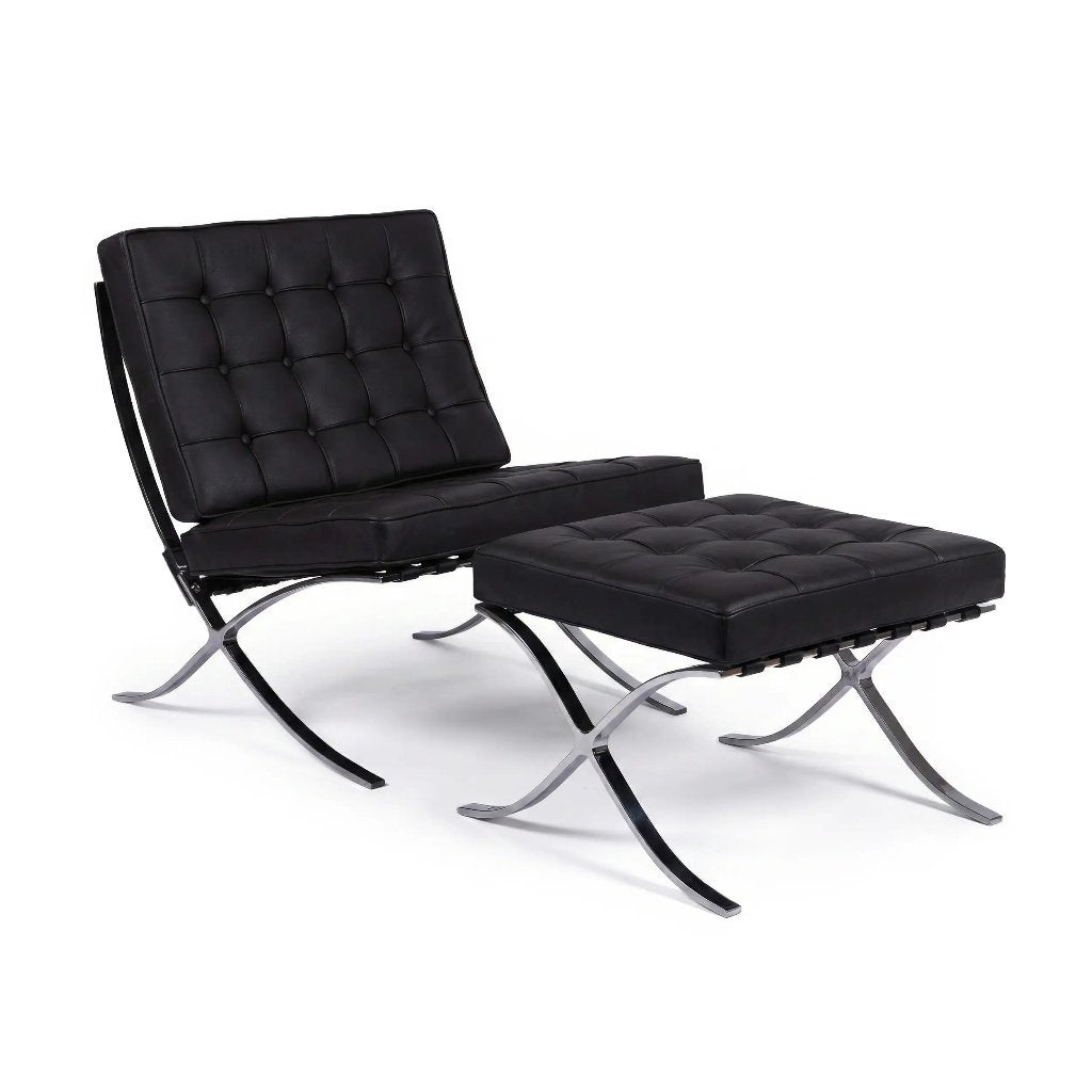 Barcelona stijl fauteuil + voetenbank – zwart leder – design, Enlèvement, Comme neuf