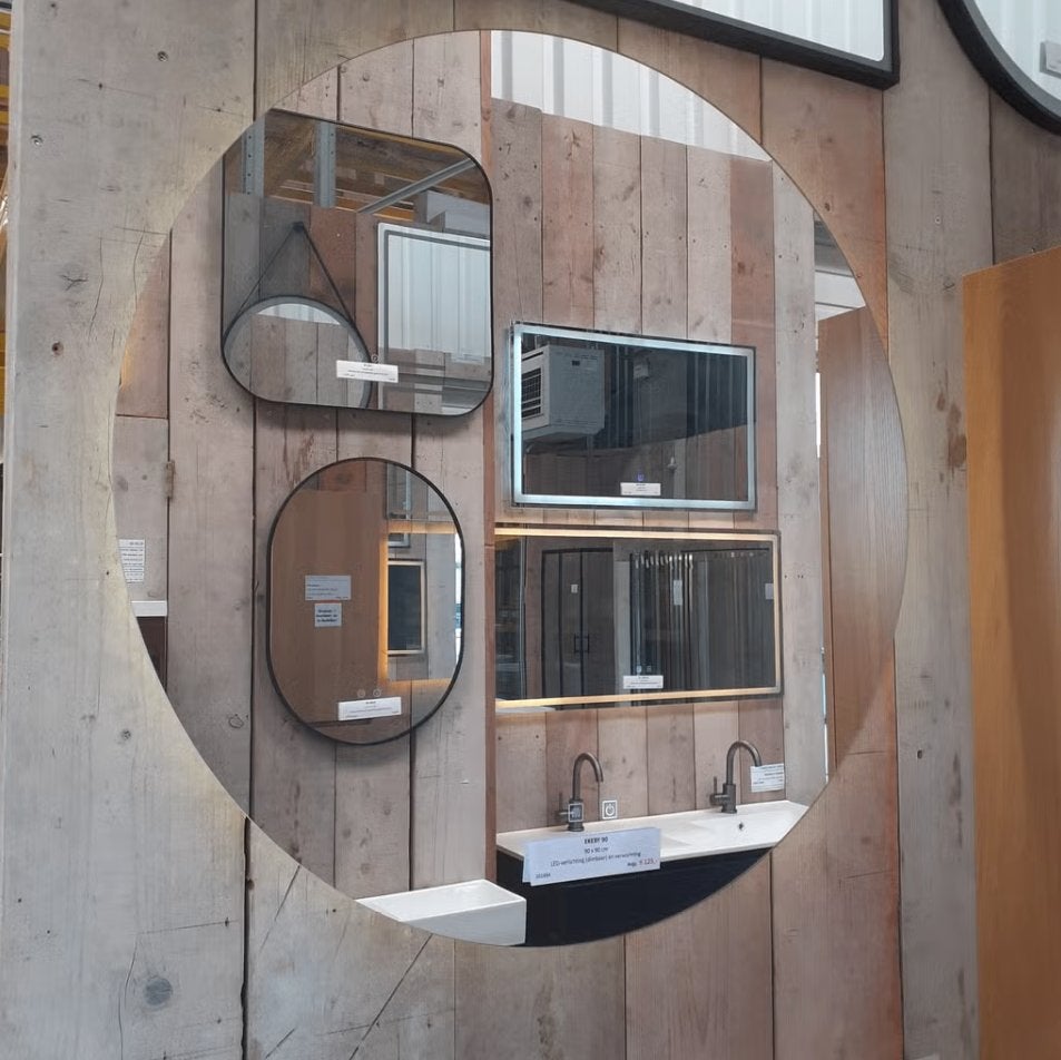 Spiegel, frameloos, rond, condensvrij, LED 3kleuren, Ekeby90, Huis en Inrichting, Ophalen of Verzenden, Nieuw