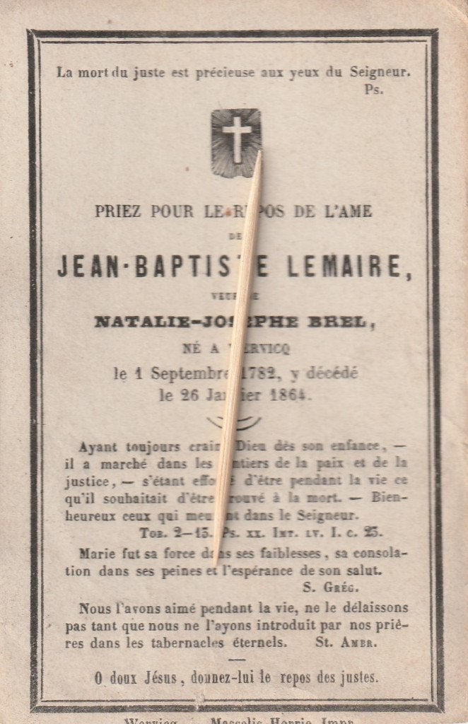 Carte de prière Wervik-Wervick-Lemaire, Envoi, Image pieuse