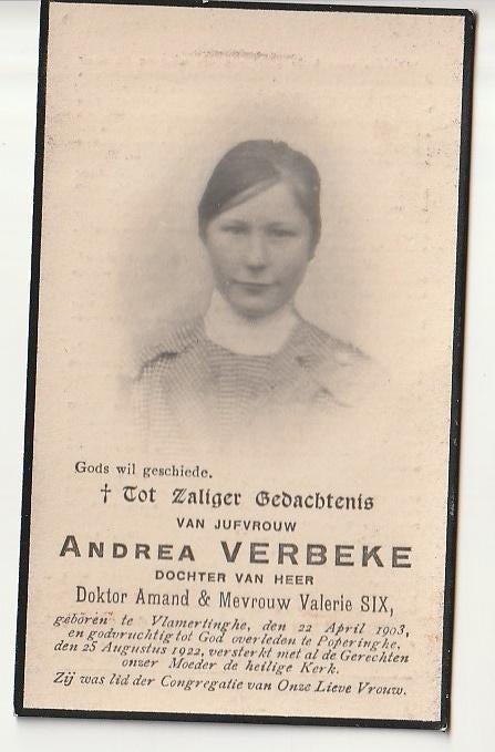 Andrea VERBEKE Vlamertinghe 1903 Poperinghe 1922 (met foto), Envoi, Image pieuse