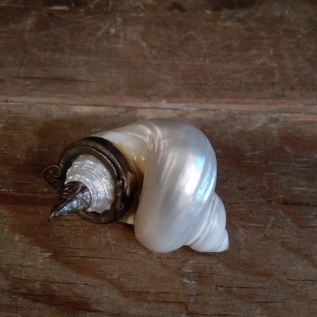 Antiek snuifdoosje sea shell in parelmoer en zilver, Verzenden