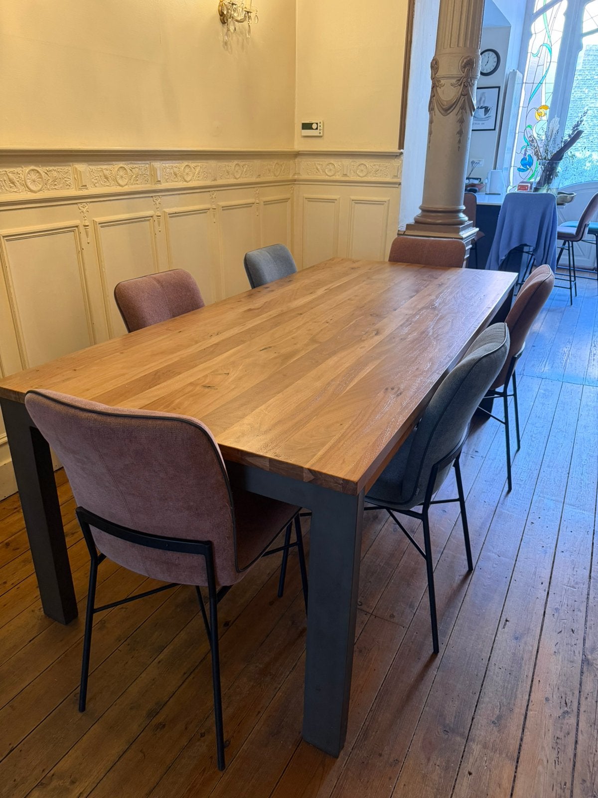 Table à manger bois massif + chaises, Ophalen, 100 tot 150 cm, 200 cm of meer, Zo goed als nieuw
