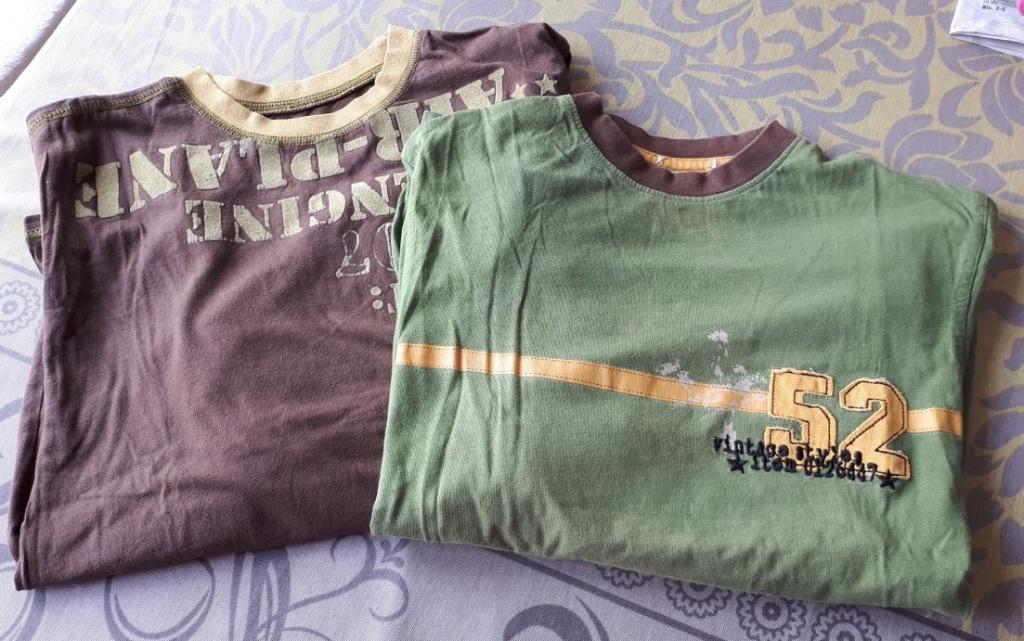 Jongens - 2 tshirts lange mouw - beige/bruin/groen-maat 138, Kinderen en Baby's, Kinderkleding | Maat 134, Verzenden, Gebruikt