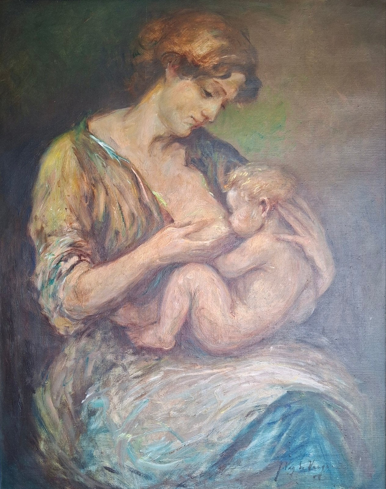 VAN DE VEEGAETE Julien "Borstvoeding" olie op doek - 80x100, Enlèvement, Toile