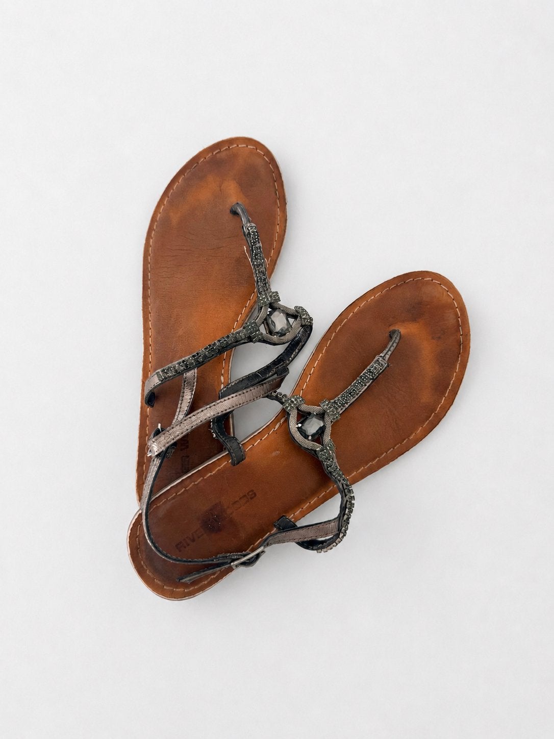 River Woods zilveren leren sandalen met juweel, Grijs, Gedragen, Ophalen, Slippers