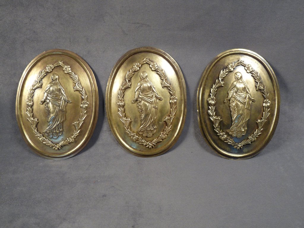 Drie koperen plaquettes Onzelievevrouw, Antiek en Kunst, Ophalen of Verzenden