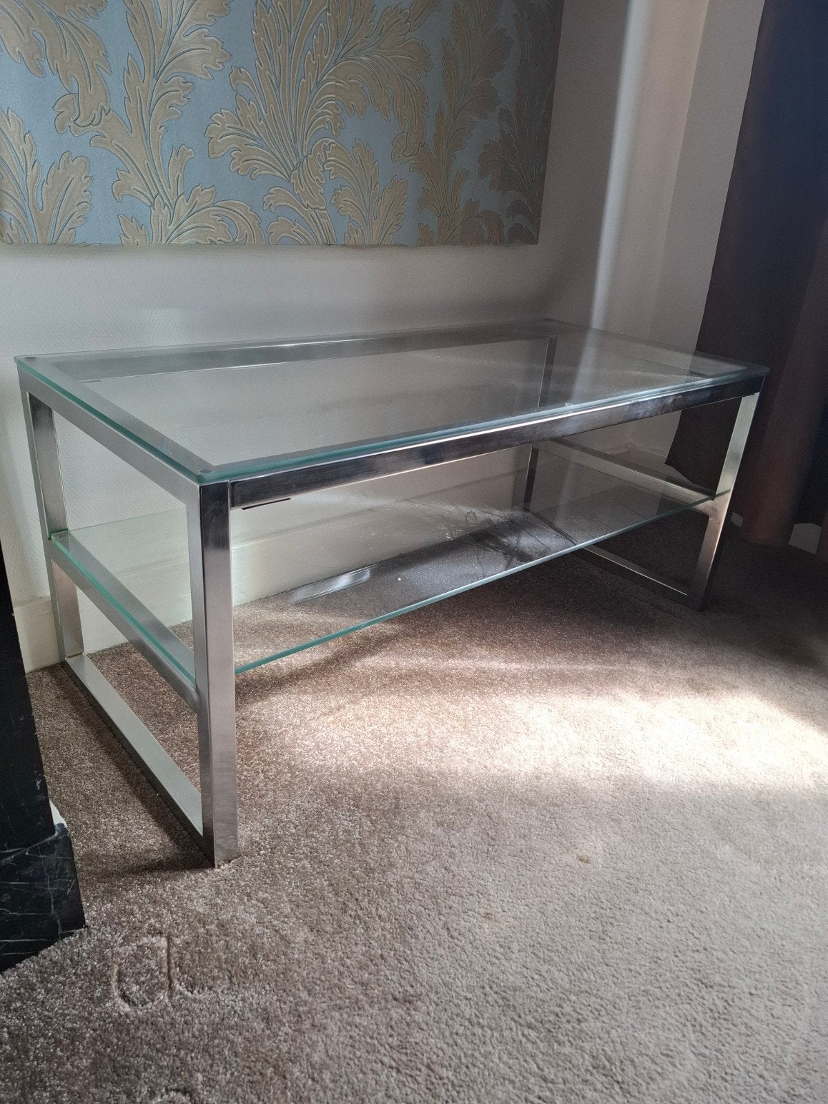 Stijlvolle alontafel in chroom en helder glas, 100 à 150 cm, Verre, Enlèvement, Utilisé