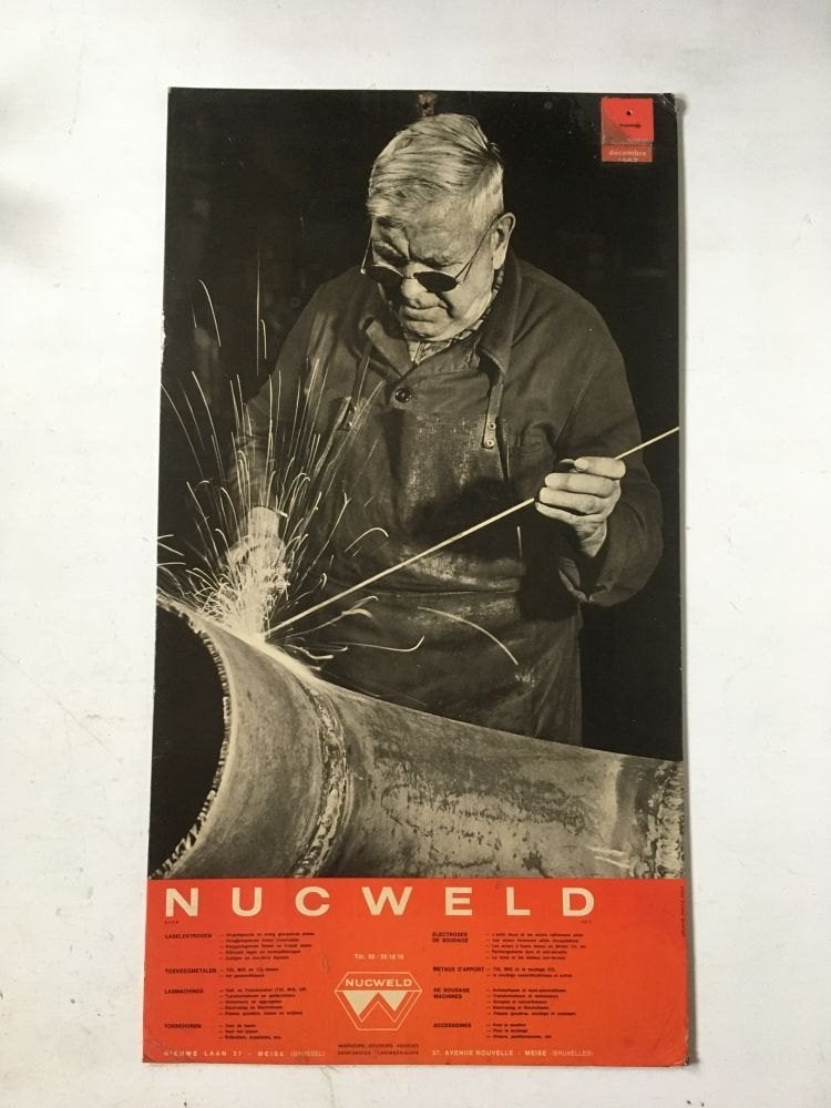 Nucweld reclamebord 1967 - lasser - groot karton 37x68, Verzamelen, Ophalen of Verzenden, Gebruikt, Reclamebord