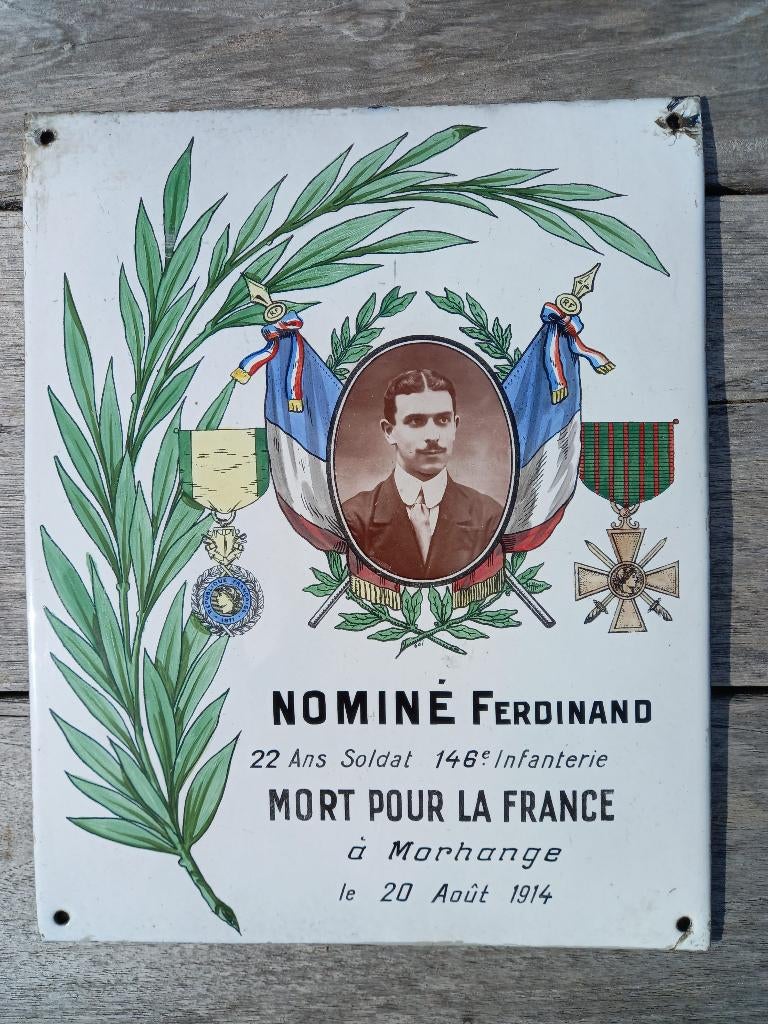 Assiette émaillée WW1 Ferdinand Nominé Mort Pour La France, Collections, Objets militaires | Général, Enlèvement ou Envoi, Armée de terre