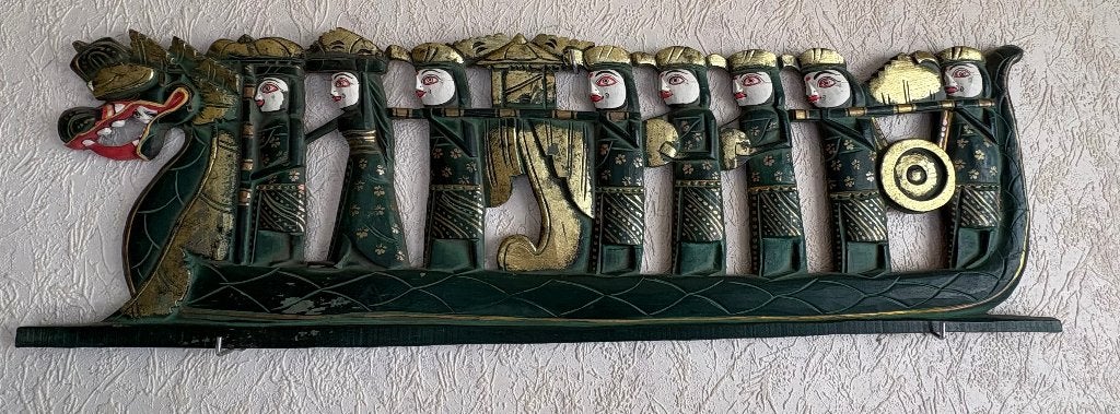 Panneau mural en bois — Bateau dragon balinais (90 x 30 cm), 29 cm, Doré, Vintage, Enlèvement