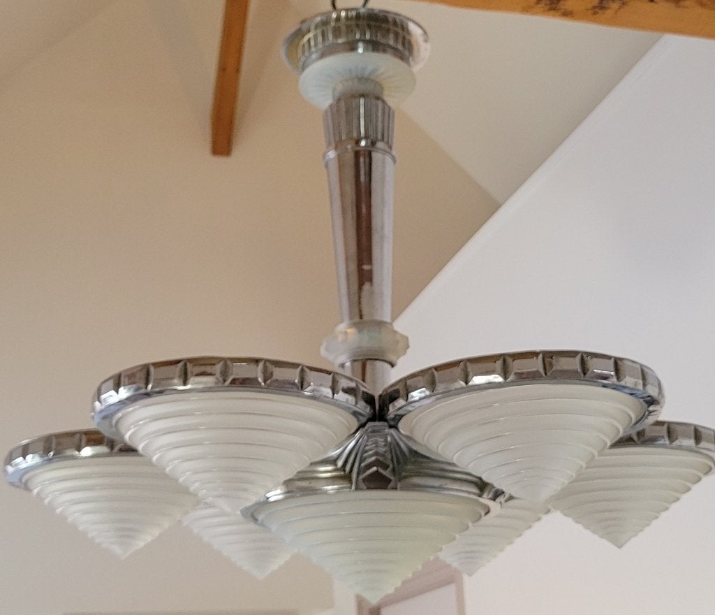Georges LELEU - French art deco chandelier by Georges Leleu, Antiquités & Art, Argent, Enlèvement, Autres matériaux, Chandelier