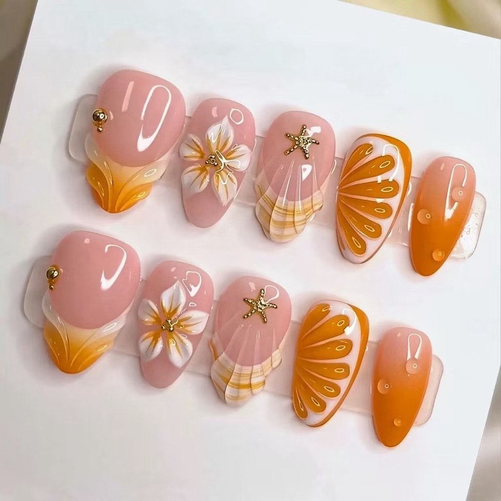 Press on nails Orange floral S-M -L available size, Enlèvement ou Envoi, Comme neuf