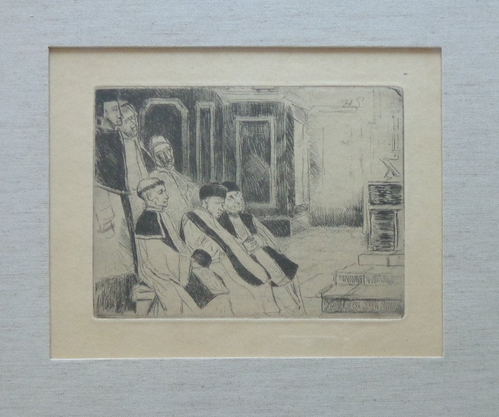 HENRI LEYS / LE MESSE A L'EPITRE / ZW-W ETS / 35x36cm KADER, Antiquités & Art, Enlèvement ou Envoi, Religion, Eau-forte, Encadré