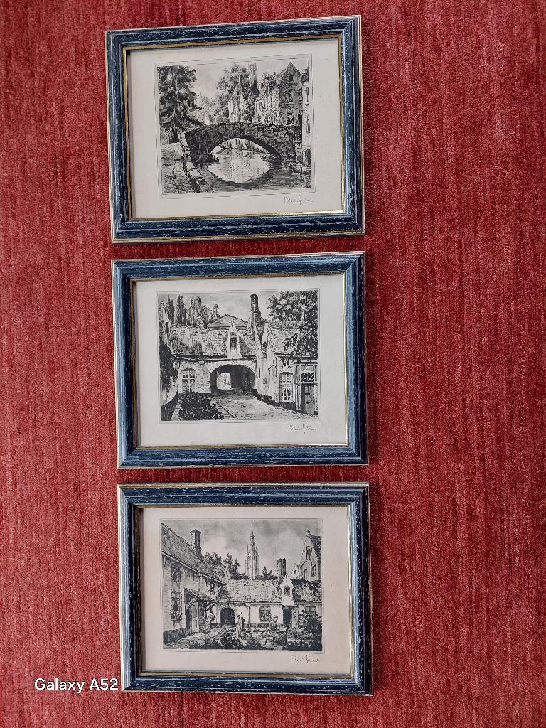 3 ingekaderde etsen van Albert Goethals - Brugge, Antiek en Kunst, Kunst | Etsen en Gravures, Ets, Ingelijst, Met passe-partout