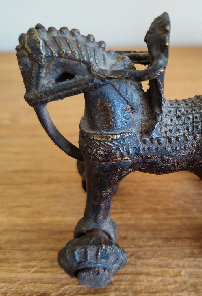 India: antieke temple toy in brons: paard en ruiter, Bruin, Ophalen of Verzenden, Handgemaakt, Brons