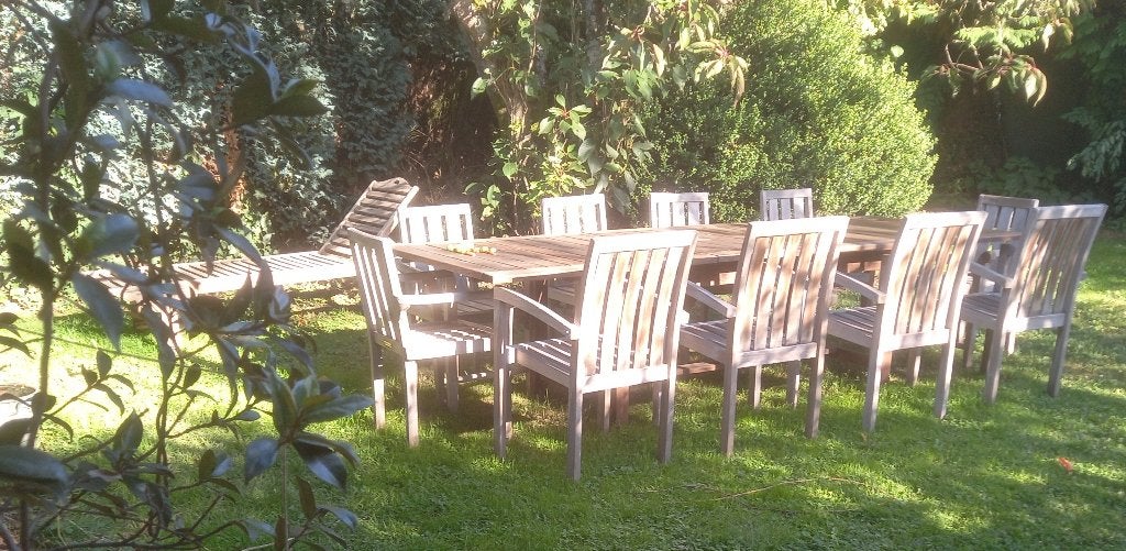 Teck massif : table 300 ou(260) ou(220)x 110cm +10 chaises, Enlèvement, Bois de teck, Table à dinner, Plus de 8 places