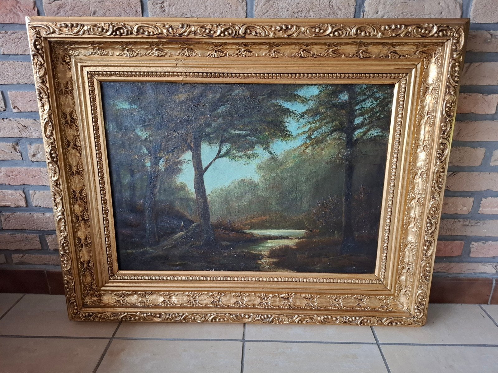 Ancien tableau à l'huile sur toile – Paysage forestier, Ophalen