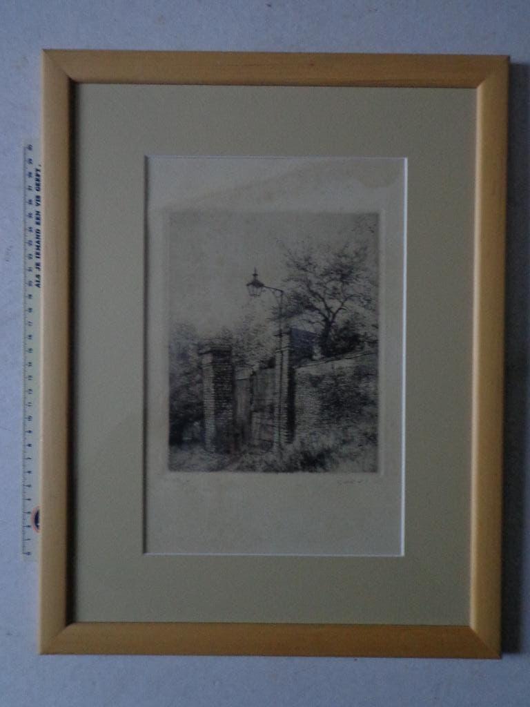 ets Jaak Gorus "Landschap met muur en vrijend koppel", Antiek en Kunst, Kunst | Etsen en Gravures, Ets, Genummerd, Landschap, Ophalen of Verzenden