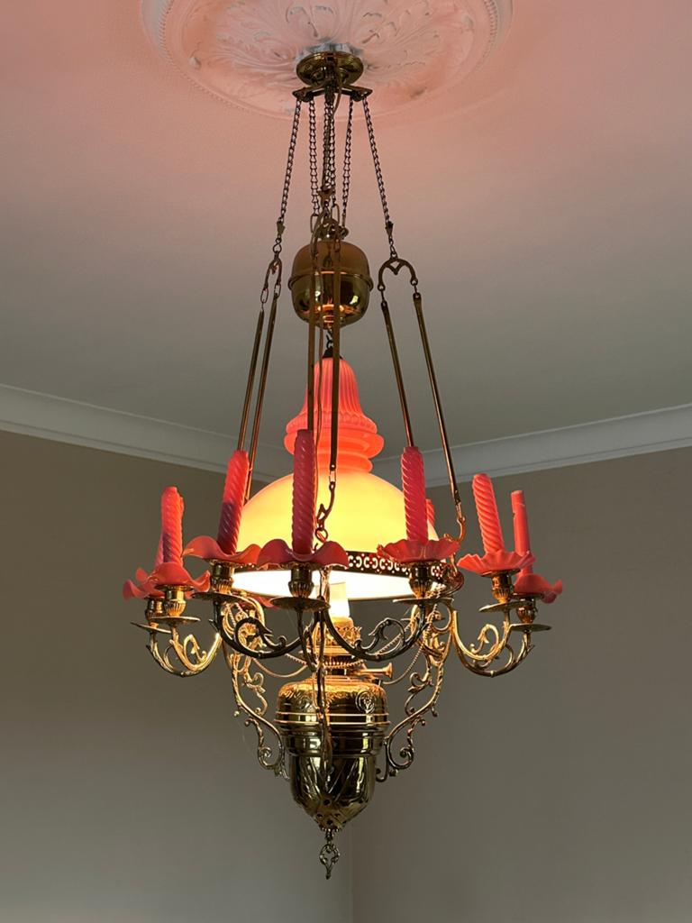 2x messing kroonluchter - “lampe belge”, Ophalen, Gebruikt, Glas, Lampe belge