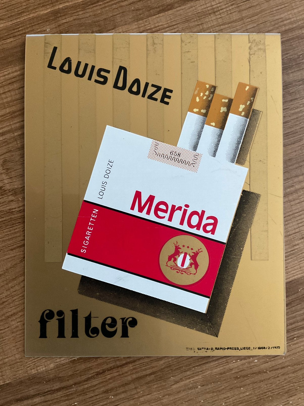Oud LOUIS DOIZE/MERIDA/SIGARETTEN/1972/reclamebordje, Ophalen of Verzenden, Zo goed als nieuw, Reclamebord