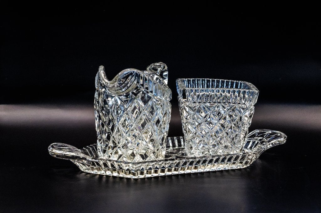 Service à lait et sucre en verre moulé décoratif – 3 pièces, Enlèvement ou Envoi